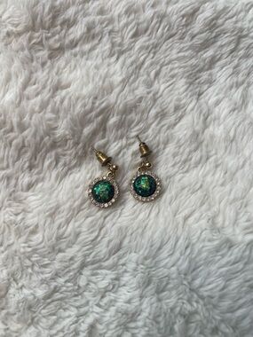 Gold Halo Drop Earrings with Green Opal Center